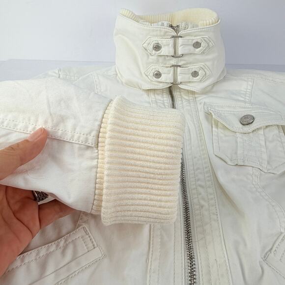 Y2K Guess White Fur Cropped Utility Moto High Neck Convertible Full Zip Jacket S - Picture 9 of 16